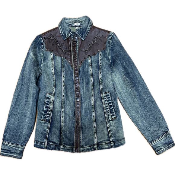 Reba Studded Denim Jacket Genuine Leather Trim Western Style Size Small NWT - Picture 1 of 13